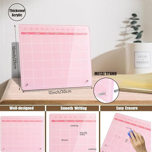 Marribol Calendar Dry Erase Board,12"X10",Acrylic Desk Calendar with Stand,Pink Dry Erase Board for Home Office School thumbnail 2