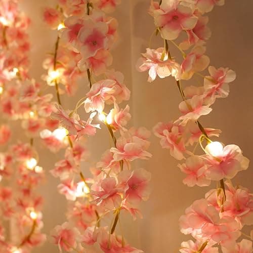 Cherry Blossom String Lights Artificial Flowers Outdoor Hanging Silk Flowers Garland for Wedding Party Home Bedroom Decor Pink Room Decor Aesthetic thumbnail 5
