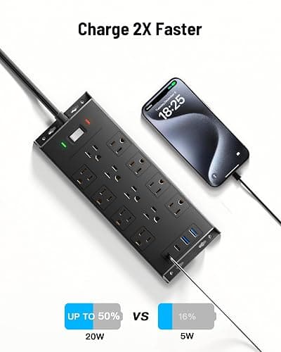 Surge Protector Power Strip 4800J, LeZone 10Ft Long Extension Cord Flat Plug, 12 Outlets 2 USB C 2 USB Ports, Wall Mountable, 20W Desk Charging Station, Black thumbnail 7