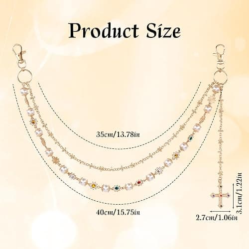 Gold Pants Chain, Stylish Pearl and Rhinestone Gold Wallet Chain with Cross Pendant, Double Layered Biker Jeans Pocket Punk Hip Fashion Charm Belt Jewelry Accessories for Women Men thumbnail 2