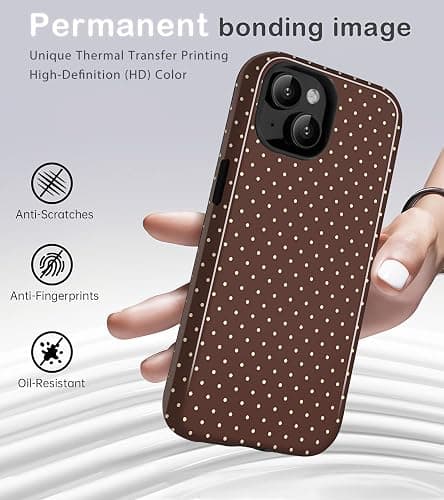 Amzfield for iPhone 13/14 Case Cute Small Polka Dot Aesthetic Retro Design for Women Girls Fall Simple Chic Girly Pretty Dual Layer Hybrid Protection Elegant Phone Case, Brown thumbnail 2