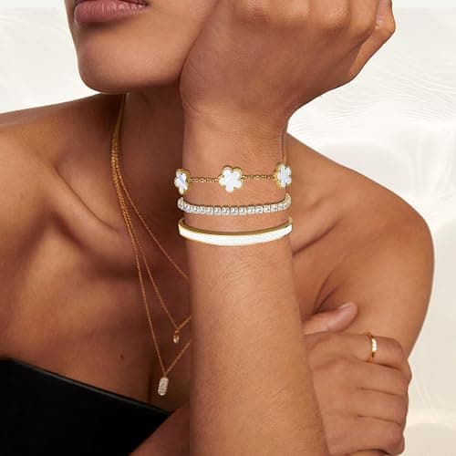 MOINSPIRE Gold Bracelets for Women, 18K Gold Plated Tennis Nail Clover love Bangle Bracelets Set Non Tarnish, Stainless Steel Trendy Stackable Bracelet Fashion Jewelry Accessories Gifts for Christmas thumbnail 2