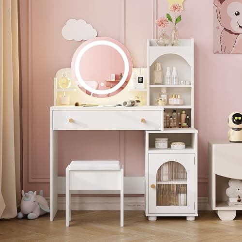 Vabches Kids Vanity Table and Chair Set, Toddler Dressing Table for 5-12 Year Old Little Girls, 2 in 1 Princess Makeup Vanity with Mirror & Lights, Wooden Pretend Play Vanity Desk, White thumbnail 6