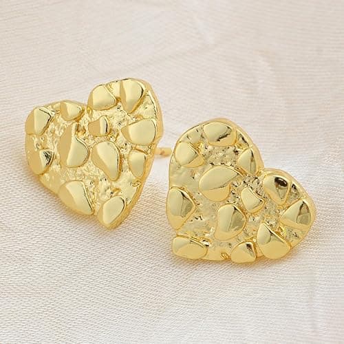 14k Gold Plated Rough Textured Cookie Heart Shape Nugget Stud Earrings For Men/Women Unisex - L(12mm) thumbnail 7