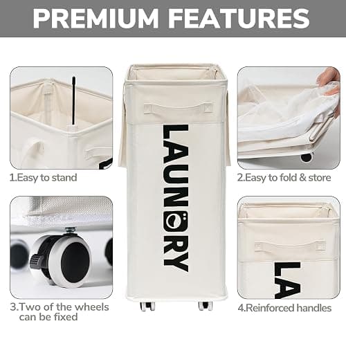Goodpick Laundry Hamper with Wheels, 75L College Dorm Room Essentials, Clothes Hamper with Removable Wash Bag for Bedroom, Large Laundry Basket with Handle, White thumbnail 4
