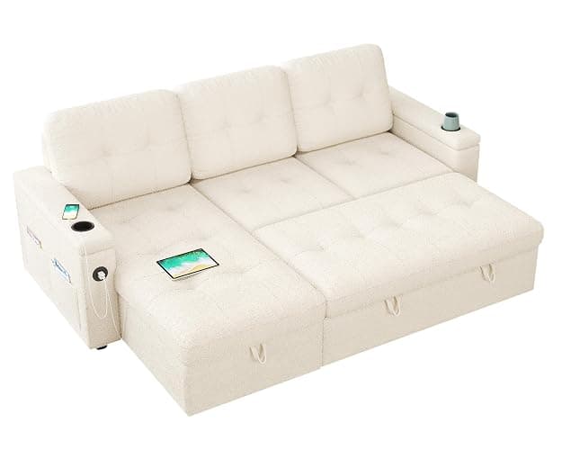 PaPaJet 84 Inch Sofa Bed, Sleeper Sofa with Storage, 2 in 1 Pull Out Couch | Storage Chaise, 2 USB & Cup Holders, Tufted Cushion, Boucle White L Shaped Sofa for Living Room & Guest Bedroom thumbnail 8
