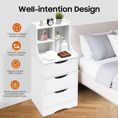 Nightstand with 3 Drawers, 33.4 in Tall Storage Night Stand with Hutch, Nightstands Bedside Table with Drawers & Storage Shelf, 3 Drawer Dresser, Small Bed Side End Tables for Bedroom, Living Room thumbnail 6