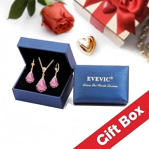 EVEVIC Austrian Crystals Baroque Pendant Necklace Earrings for Women 14K Gold Plated Hypoallergenic Leverback Drop Dangle Earrings Jewelry Set thumbnail 6