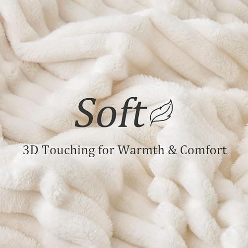 BEDELITE Blankets Queen Size for Bed, 300GSM Soft & Warm Fleece Blanket, Decorative and Giftable Striped Cream White Blankets for Women, Men, 90"x90" thumbnail 4