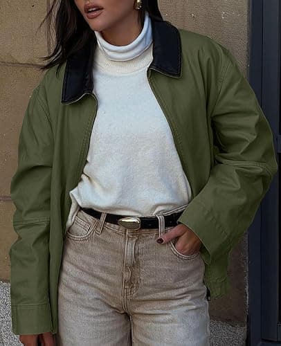 TITOMD Womens Barn Jackets Contrast Collar Cropped Bomber Jacket Zip Up Lightweight Canvas Coats 2025 Outfits thumbnail 3