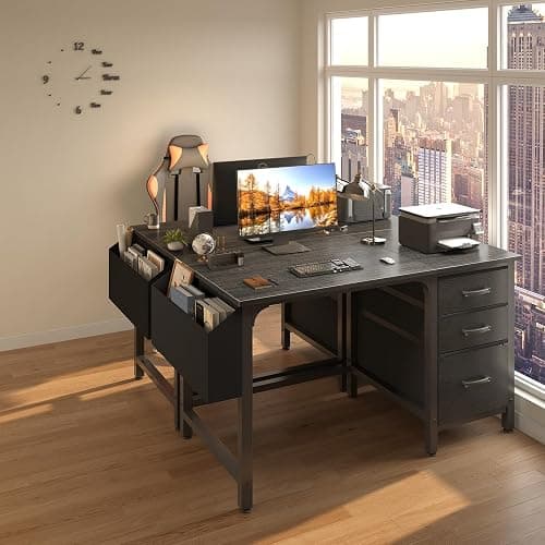 Lufeiya Computer Desk with File Drawers Cabinet, 47 Inch Reversible Home Office Desks with Filing Cabinet for Small Space, Gaming Study Writing Table PC Desks, Black thumbnail 4