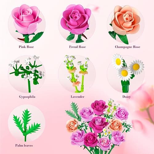 CUBIMANA Romantic Pink Roses Bouquet Building Set with Vase & LED Light, Easter Gifts for for Her/Women/Adults, 3.6MM Mini Flowers Building Toys, Artificial Flowers for Home Office Decor & Display thumbnail 8