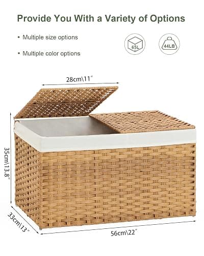 SETVSON Storage Basket with Lid Rattan Woven Storage Baskets with 2 Separate Lids, 17.2 Gallon (65 L), 22 x 13 x 13.8 Inches,Foldable, 2 Removable Liner Bags Handles for Bedroom, Laundry Room Natural thumbnail 3