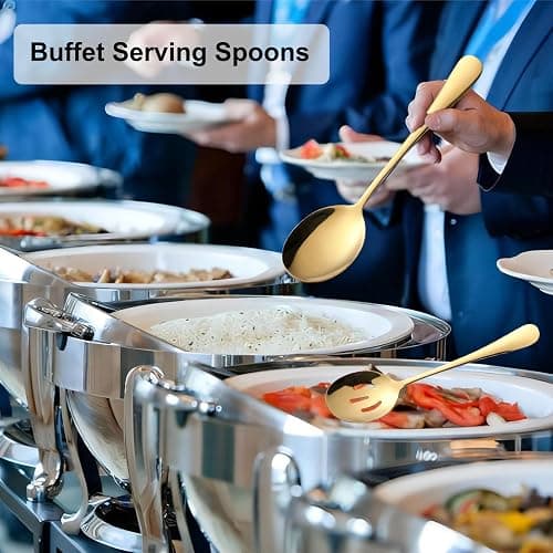 6 Pieces Serving Spoons Set, 8.7 Inch Serving Spoon, Includes 3 Server Spoon and 3 Slotted Spoons, Stainless Steel Buffet Banquet Large Utensils Cutlery Set for Kitchen, Gold thumbnail 5
