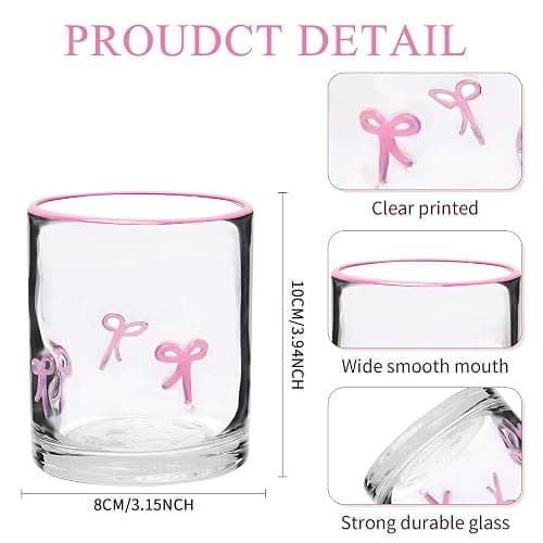 AIOMOB Pink Bow Icon Juice Glass Coquette Bow Aesthetic Anthropologie Cup 14 Oz Double Old Fashioned Icon Hand Blown Glass with Heavy Base for Cute Cocktail Glasses Women Friend Party thumbnail 3
