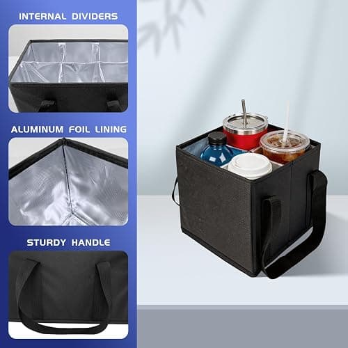 COMFORTKEEPER Reusable Drink Carrier with Handle, Insulated Drink Holder Bag with Adjustable Dividers, 600D Oxford Fabric Cup Carrier Drink Caddy for Delivery Car Coffee & Beverages, 4 Cups thumbnail 4