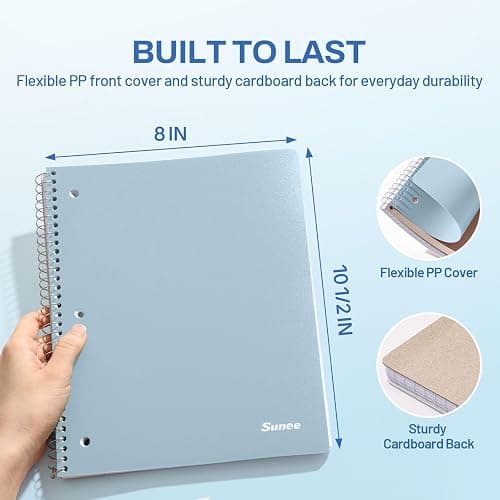 SUNEE Spiral Notebook, 1-Subject, College Ruled Paper, 8" x 10-1/2", 100 Sheets per Notebook, 3-Hole Punched Paper, Water Resistant Cover, Double-sided Pockets, Grey Blue thumbnail 3