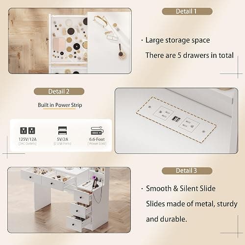Vanity Desk with Lights, Makeup Vanity Set with Charging Station and Chair, Makeup Vanity with Mirror and 10 LED Lights, Makeup Vanity with Power Strip, Dressing Table Set with 5 Drawers black Handle thumbnail 5