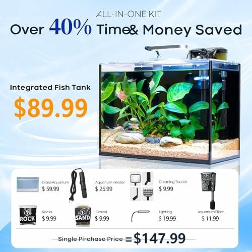 Wonderfactory 5 Gallon Small Aquarium Set Glass Fish Tank 6 Gallon, Starter Kit with Heater Water Pump Cleaning System Filter Bright Light Rocks Gravel Cleaning Tool, Clear Rimless Betta Plants thumbnail 2