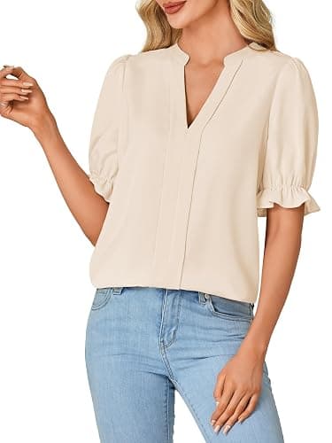 Rooscier Women's Pleated Notch V Neck Puff Short Sleeve Office Shirt Blouse Top thumbnail 3