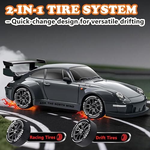 PIWIJOY RC Drift Car, 1:24 Scale Remote Control Vehicle with LED Lights,Drifting Tires＆Two Batteries, Racing Sports Toy Idea Gift for Adults Boys Girls and Kids Gray thumbnail 4