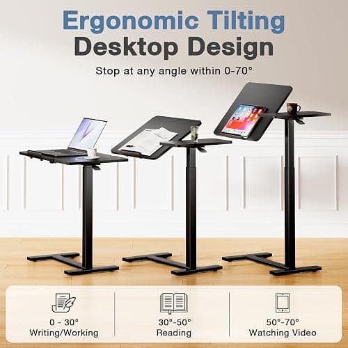 DUMOS Overbed Bedside Table Adjustable with Wheels, Mobile Standing Stand Up Rolling Laptop PC Desks with Tilting Top Height Tray Side Computer Workstation for Bedroom on Hospital Home Use, Black thumbnail 4