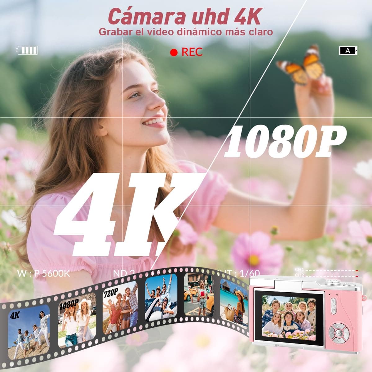Cámara Digital 4K, Cámara Compacta HD 1080P 48MP，con Zoom de 8X, Enfoque Automático, Tarjeta de 32 GB, Pantalla Abatible de 2,4 Pulgadas,Adecuada para Estudiantes, Fotografía de Viajes y Vlogs (Rosa) thumbnail 3