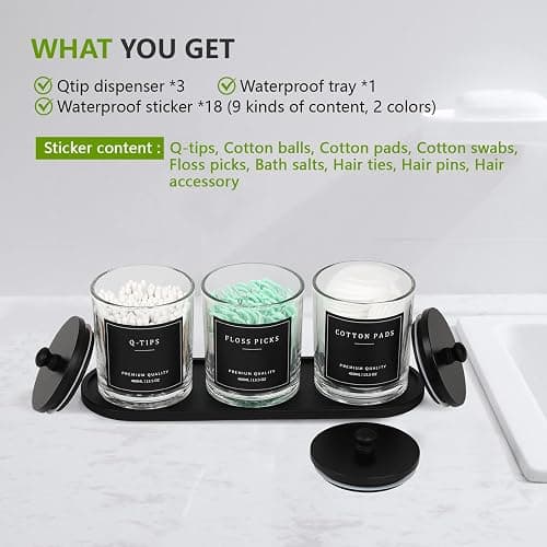 eggs sound 3 Pack Qtip Holder - Bathroom Organizers and Storage, Cotton Round Pad Holder Swab Dispenser Floss Pick Holder with Tray, Glass Apothecary Jars with Lids, Cotton Ball Container - Clear Bk thumbnail 2