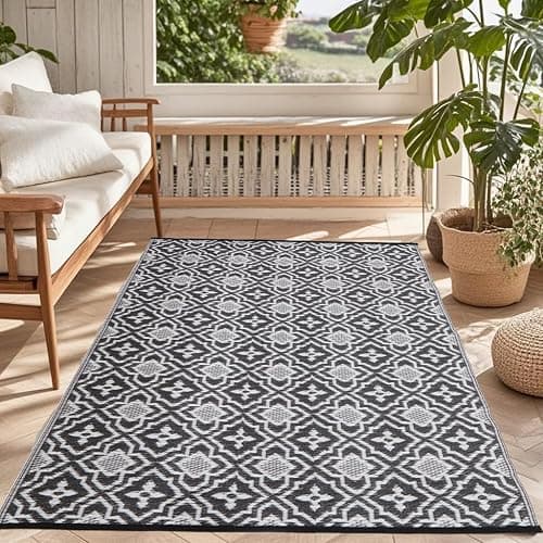 4x6 Outdoor Rug Waterproof Porch Rug,Outdoor Mat 4x6 Small Balcony Mat,Reversible Plastic Straw Rug, Outdoor Rug for Camping Black and White Outdoor Rugs for Patio, Deck, RV, Camping, Beach, Backyard thumbnail 8