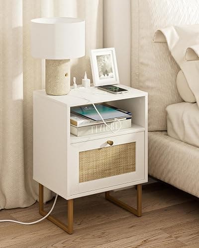 Masupu Rattan Nightstand with Charging Station,Modern Boho Farmhouse Wood Bedside Table with Storage Drawer and Open Shelf,Small Gold Frame Side End Table for Bedroom,Living Room,Office White - Image 1