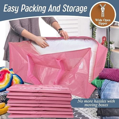 6 Pack Extra Heavy Duty Large Moving Bags with Strong Zipper & Comfortable Handles, Sturdy & Durable Clothes Storage Bags Totes Bins, Packing Moving Boxes for College Supplies, Pink thumbnail 5