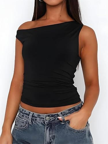 ForeFair Womens Off Shoulder Tops Sleeveless Going Out Crop Tank Tops Slim Fitted Shirts Summer Outfits Y2K Cute Tops thumbnail 2