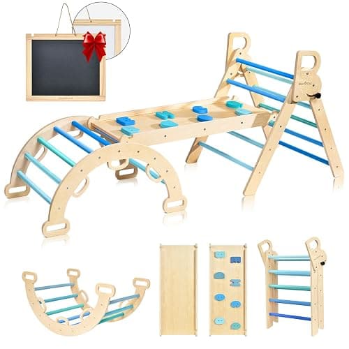 BlueWood Pikler Triangle Set, 7-in-1 Foldable Wooden Toddler Climbing Toys Indoor Playground Jungle Gym Montessori Philosophy Climber for 2-6 Years Old, Baby, Kids (Sky Blue) - Image 1