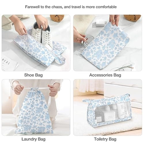 8 Set Packing Cubes for Suitcases,Packing Cube with Shoe, Cosmetics, Clothing, and Accessories Bags Packing Cubes for Travel Luggage Organizer Women Men(Blue Flowers) thumbnail 6