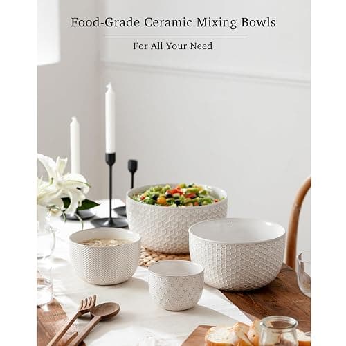 MIKIGEY Ceramic Mixing Bowls, Embossed Nesting Bowls Set of 4, Mixing Bowl Set for Serving, Baking, Cooking and Gift, Microwave and Dishwasher Safe, 20/47/99/148 oz, Off-White thumbnail 8