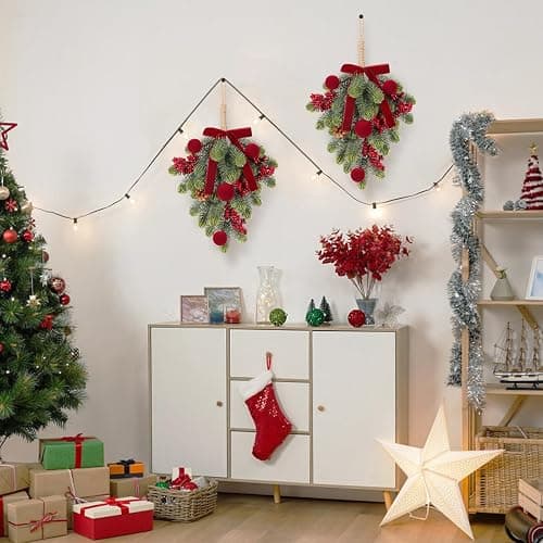 Super Holiday Christmas Decorations, 2PCS Artificial Green Plant Front Door Wreaths Hanging Decoration with Velvet Bow/Ball/Berry, for Winter Home Indoor Outdoor Wall Holiday Decor.(Burgundy) thumbnail 6