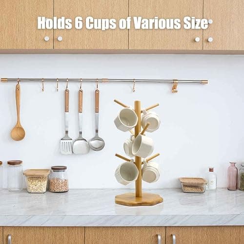 Gihunk Bamboo Countertop Mug Tree Stand with 6 Hooks, Octagon Base Coffee Cup Tree thumbnail 2