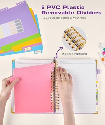 Hardcover Spiral Notebook journal with Removable Dividers Tabs, 300 Pages Leather 5 Subject Notebook College Ruled, 8"x10" Large B5 Notebooks for Work School Note taking,Lined Journal for Women,Purple thumbnail 4