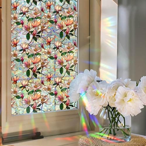 Retro Magnolia Flowers Window Privacy Film,Stained Glass Decals Colorful Floral Privacy Rainbow Decals Living Room Sun Blocking Decor Removable Static Cling Stickers,16.93x39.37inch thumbnail 5