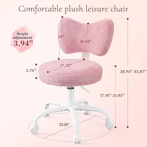 Homkdom Vanity Chair with Wheels, Pink Desk Chair with Cute Bow Backrest, Fluffy Faux Rabbit Fur Small Office Chair for Vanity, Make-up Room, Bedroom, Dorm, Small Space, Height Adjustable, Pink thumbnail 2