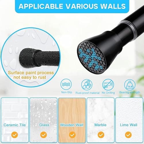 Black Spring Tension Curtain Rod 28-52 Inches, 7/8" Diameter Adjustable Shower Curtain Rod No Drill, Anti-slip Heavy Duty Spring Curtain Rod for Windows Bathroom Kitchen Closet Doorway thumbnail 4