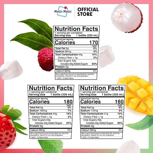 Mogu Mogu Variety Pack Juice Drink with Nata de Coco (Coconut Jelly) – Lychee, Strawberry & Mango, Chewy Fruit Beverage for Kids & Adults, 6 Pack Bottles, 10.82 fl oz Each thumbnail 2
