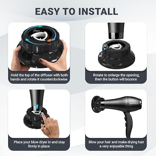 Universal Hair Diffuser for Blow Dryer - Fits All 1.4-2.4 inch Dryers, Professional Ionic Diffuser Attachment for Curly/Wavy Hair, Reduces Frizz & Enhance Curls, Lightweight, Travel-Friendly (Black) thumbnail 6