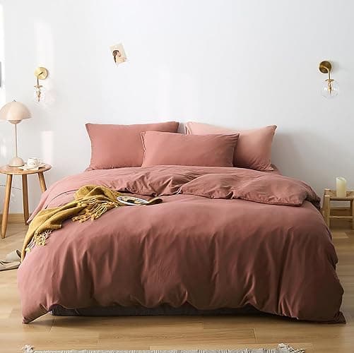 Cottonight Brick Red Comforter Set King Marroon Bedding Comforter Set Solid Modern Cotton Blackish Red Blanket Quilts Soft Simple Modern Breathable 3 Piece Hotel Quality Comforter Set for Women Men - Image 1