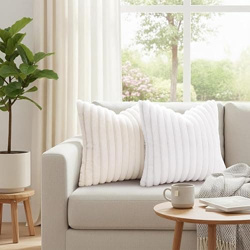 Simmore Faux Fur Striped Beige Throw Pillow Covers 20x20 Set of 2 | Fall Soft Plush Decorative Ribbed Cozy Modern Farmhouse Pillow Covers Velvet Back for Couch Sofa Bed Living Room thumbnail 7
