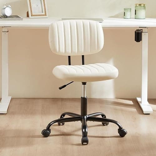 Sweetcrispy Small Office Computer Desk Chair with Wheels and Lumbar Support, Comfy Cute Armlees PU Leather Vanity Rolling Swuvel Task Chair No Arm for Adult, Student - Beige White thumbnail 7