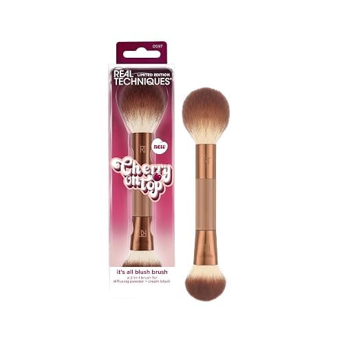 Real Techniques Cherry On Top It’s All Blush Brush, Dual-Ended & Multipurpose Makeup Brush for, Powder, Liquid & Cream Blush, Synthetic Bristles, Vegan & Cruelty-Free Face Brush, 1 Count - Image 1