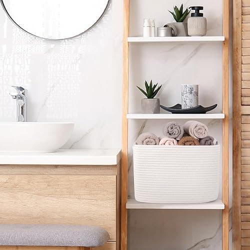 MicroIdeas Woven Rope Storage Baskets for Oragnizing, Soft Toy Bin for Kids, rectangle Cotton Baby Gift Basket for Nursery, Shelves Desk Bathroom, Set of 3 Off White - 13*9.8*9in (3 Pack) - Off White thumbnail 2