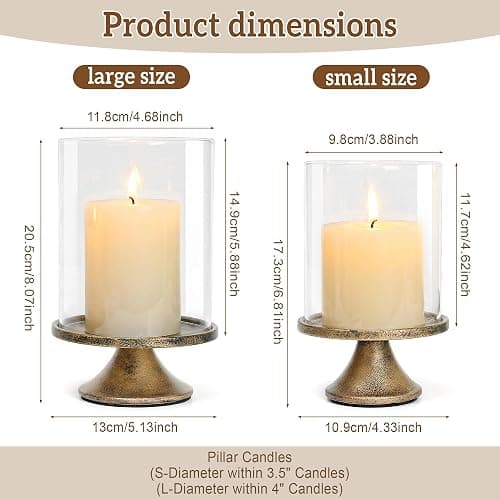 Set of 2 Hurricane Candle Holder Set with Glass Dome & Iron Base | Elegant Decorative Pillar Candle Holders for Living Room, Dining Room & Bedroom Centerpiece - Ideal Home Décor thumbnail 2