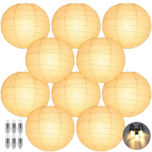 LIHAO 10’’ White Paper Lanterns with Lights, Chinese Lanterns Decorative for Party Decorations Wedding Anniversary Birthday Indoor Outdoor Home - Image 1